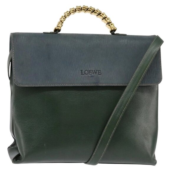 LOEWE Velazquez Hand Bag Suede Leather 2way Green Gold Auth BA6067 - Picture 1 of 16